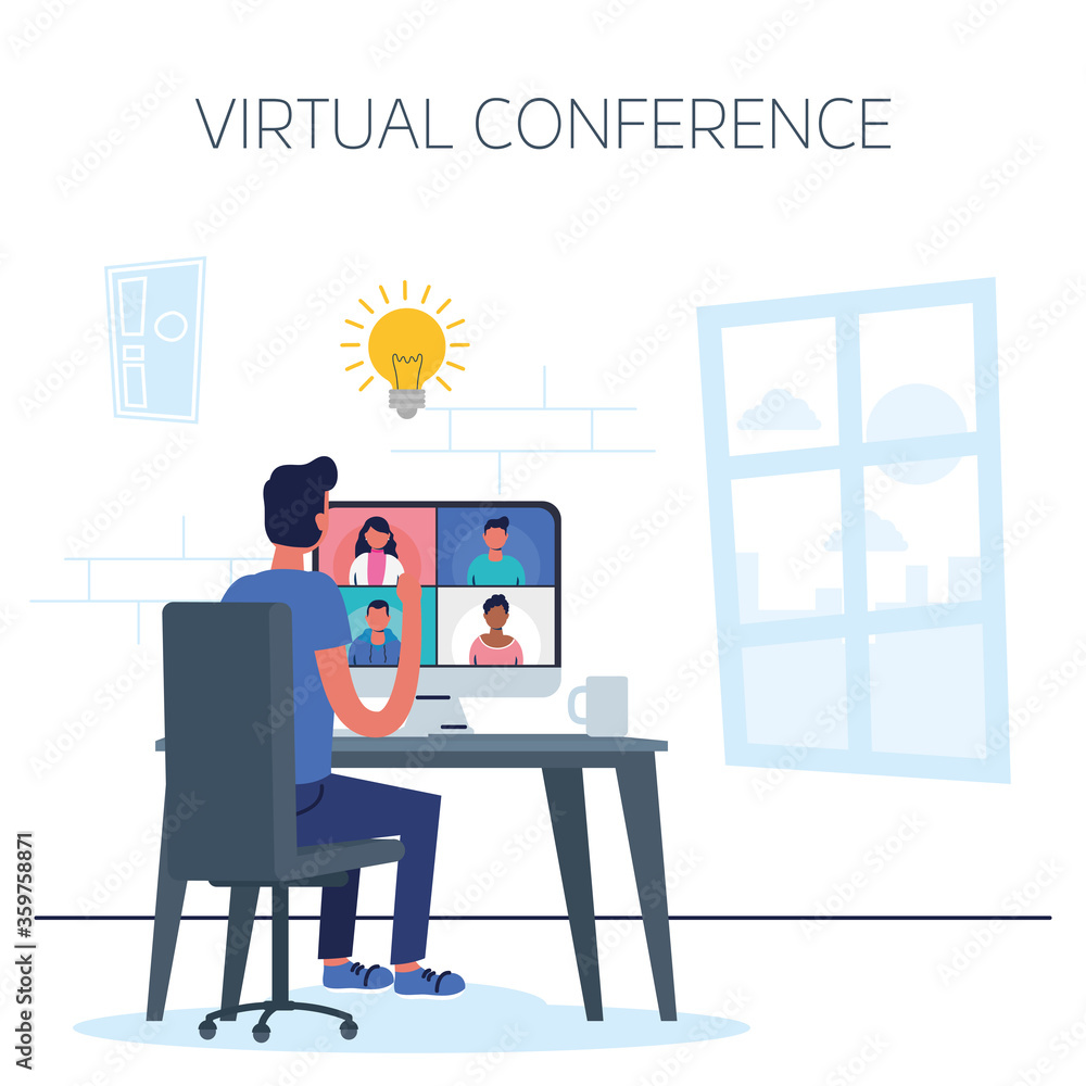 Poster man using desktop in virtual conference communication