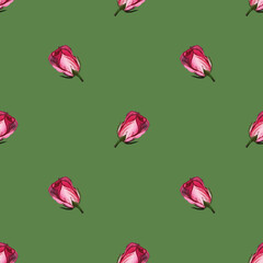 Rose flowers on green background handmade gouache gentle seamless pattern. Background for web pages, wedding invitations, date cards, textiles, packaging, fabric, wallpaper