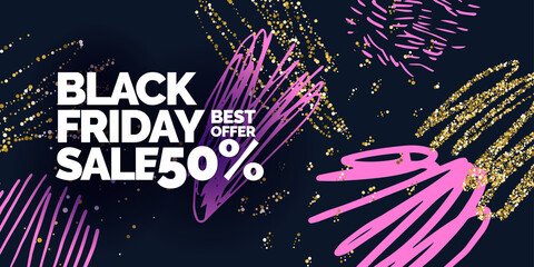 Black friday sale banner with gold glitter. Original poster for discount. Bright abstract background with text.