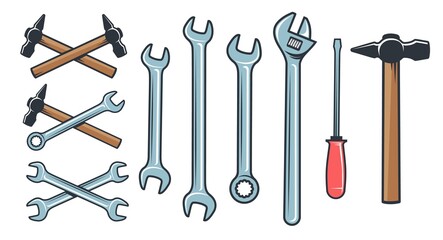 Mechanical tools hardware - spanner wrench screwdriver. Hammer retro style. Crossed spanner icon. Vector illustration.
