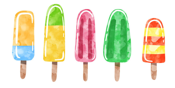 Watercolor ice cream and ice lolly isolated on white, watercolor clip art illustration. Frozen juice on a stick set, hand drawn clip art.