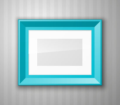Set of color blank picture frames different sizes. Frame with passepartout hanging on a color wall from the Front. Design empty fotoframe template for Mock Up illustration