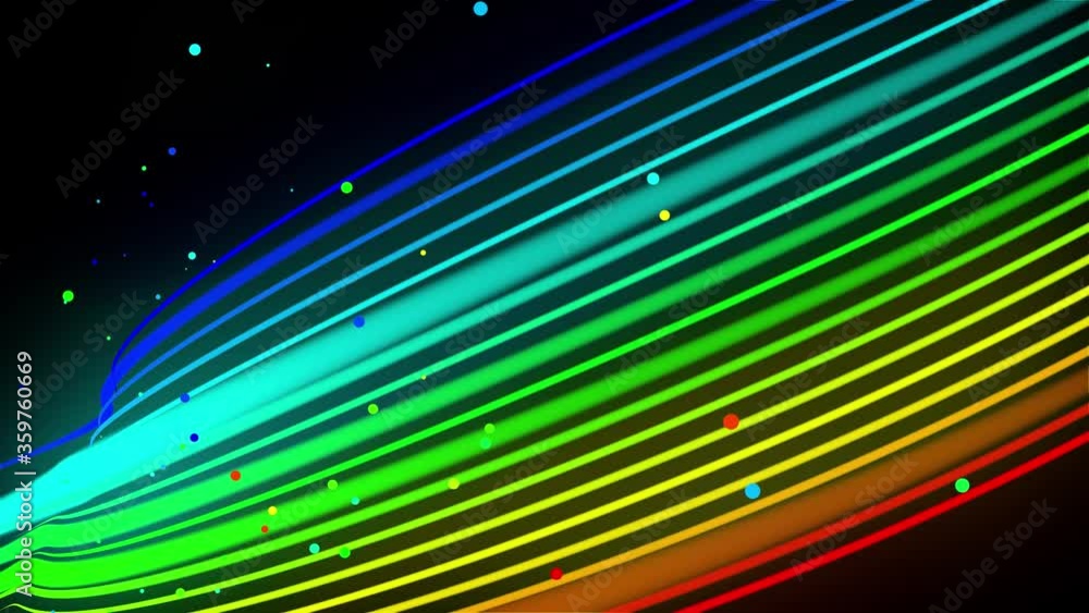 Poster rainbow color neon lines fly in the air, smoothly oscillation and wave. 3d abstract looped creative 