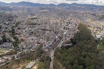 Aerial view of huge old aqueduct build during the colonial period in Mexico in Los Remedios, Naucalpan 