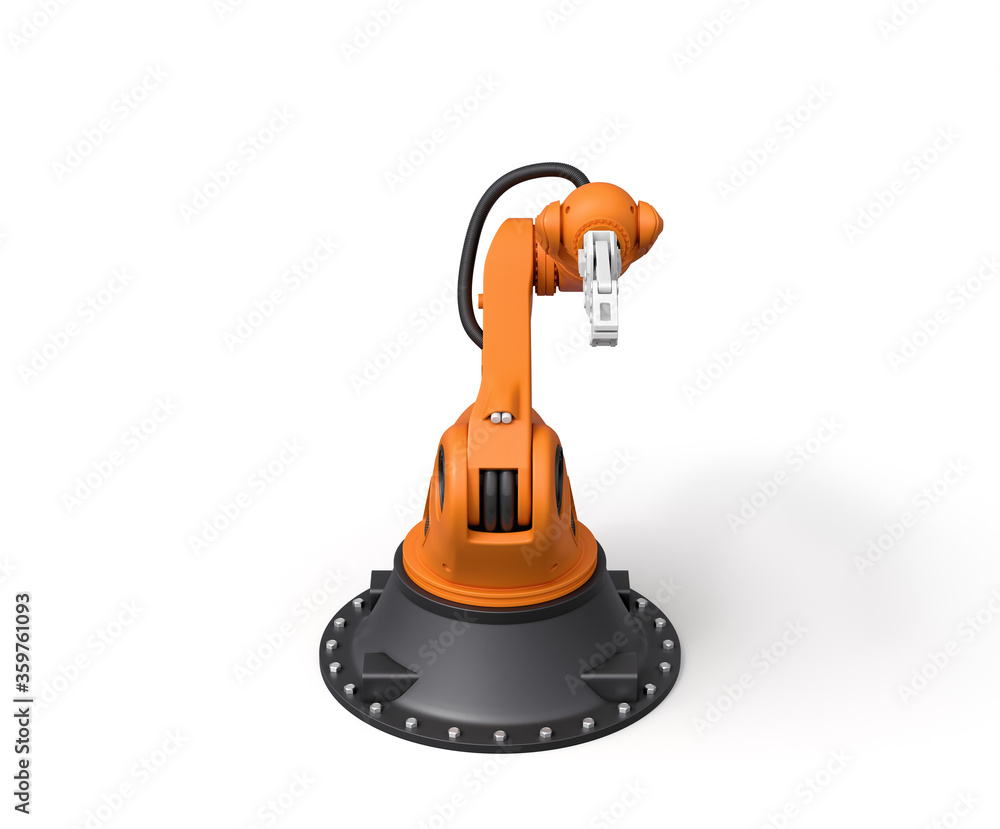 Poster 3d rendering of orange robotic arm isolated on white background