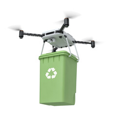 3d rendering of camera drone carrying light green trash bin with chasing arrows symbol isolated on white background.