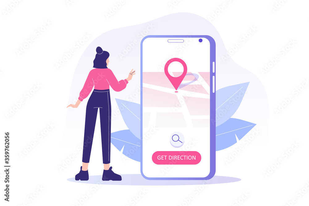 Poster gps navigation service application. young woman using smartphone map application. search map navigat