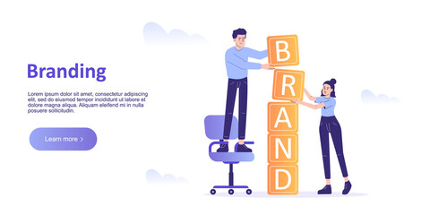 Brand building concept. Business people building brand word. Company personality development. Corporate identity. Landing page template. Web banner. Homepage design. Isolated vector illustration