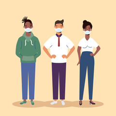 group of diversity people wearing medical masks characters