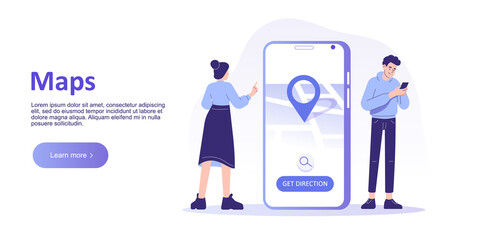 GPS navigation service application. Smartphone map application. Search map navigation on app. Location pin on screen. GPS technology. Landing page template. Web banner. Isolated vector illustration
