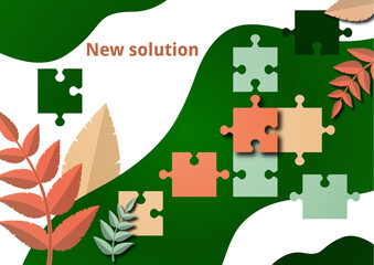 Puzzle piece on background with leaves. The concept of teamwork, collaboration, finding a solution. Vector