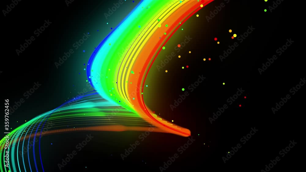 Poster rainbow color neon lines fly in the air, smoothly oscillation and wave. 3d abstract looped creative 