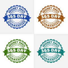 Grunge reliable 365-day money-back guarantee badge with four color variants isolated on white background. Vector illustration, eps 10.