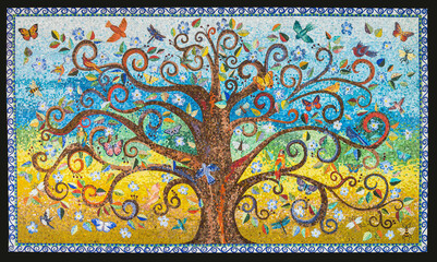 Small mosaic tiles pattern forming a Tree of Life background
Mosaic artwork made by a mosaic artist