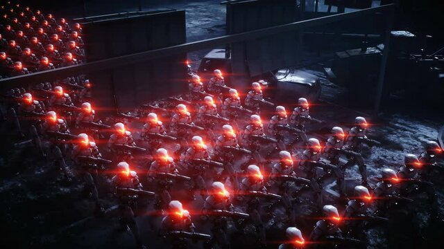 walking military robots. invasion of military robots. Dramatic apocalypse super realistic concept. Future. 4k animation.