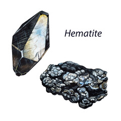 Hematite. Watercolor gems. Root chakra stones and healing crystals - obrazy, fototapety, plakaty
