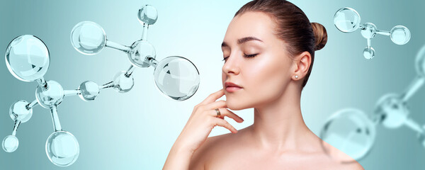 Glassy molecules structure near sensual woman face.