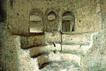 Obraz premium Turkey, Kirklareli, Kiyikoy. Monastery of St. Nicholas on border of Turkey and Bulgaria. Christian temple in rock, built in 15th century. under protection of UNESCO.