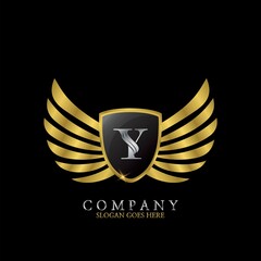 Golden Wing Shield Luxury Initial Letter Y logo design concept.
