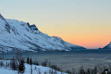 Majestic snowy mountains surround arctic fjord with vibrant colours on the dawn sky