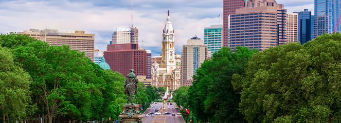 Downtown Philadelphia with a view of the City Hall building