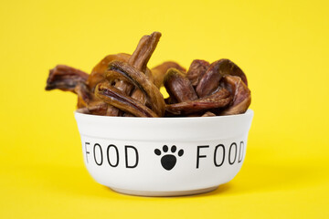 Ceramic bowl with heap of tasty dried snacks pet  food on yellow background, front view. Healthy nutrition