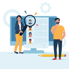 Concept Human Resources, Recruitment for web page, banner, presentation, social media, documents, cards, posters. Young team looking for employees online. Vector illustration in flat style