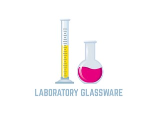 Laboratory graduated cylinder and flask. Measurement glassware for chemistry vector. Lab glassware equipment illustration.
