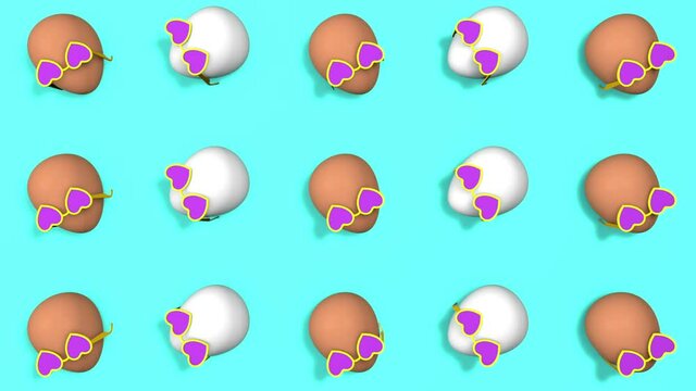 3D looped animation of fancy funny eggs. Contemporary art background.