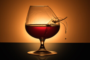 Cognac or brandy in broken the glass. The black background.