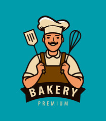 Bakery logo or label. Happy chef in hat vector illustration