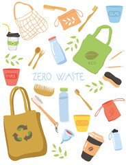 Zero Waste icon collection with recyclable plastics, reusable eco bags and wooden accessories, colored vector illustration on white