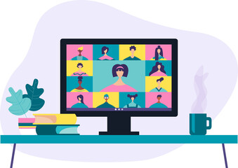 Fototapeta premium Conference video call, remote project management, quarantine, chat with friends. Vector illustration in a modern style.