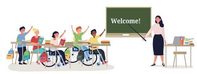 Disabled children in wheel chairs sitting in class with a teacher with text - Welcome - on the chalkboard, colored vector illustration