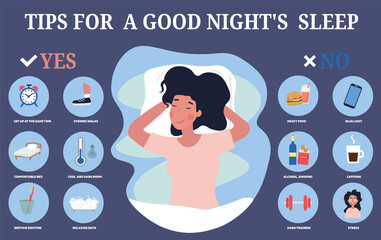 Infographic showing tips for a restful sleep at night with positive and negative pointers on either side of a young woman in bed, colored vector illustration