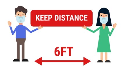 Young man and woman with signboard, holding placard keep distance 6ft