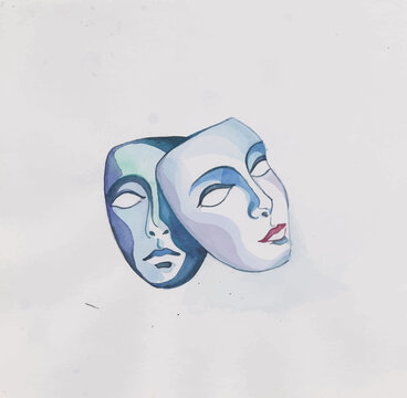 An original illustration of Theater Masks, comedy and tragedy, in watercolor style isolated on white