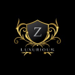 Golden Letter Z Luxurious Shield Logo, vector design concept for luxuries business identity