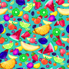 Seamless pattern with summer fruits on a turquoise background