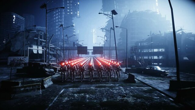 walking military robots. invasion of military robots. Dramatic apocalypse super realistic concept. Future. 4k animation.