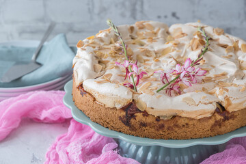 Delicious homemade rhubarb cake on a mint green cake plate, topped with sweet meringue and roasted almonds and decorated with summer flower. Pink cloth and white background.