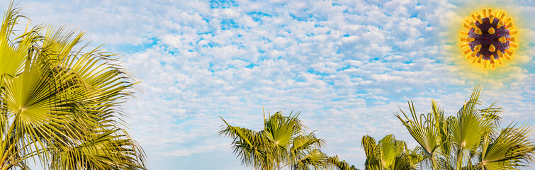 Coronavirus (Covid-19) als Sonne, weltweite Reise-Warnungen in den Zeiten von Corona. Palmen im...