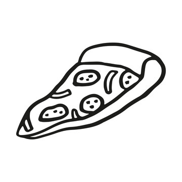 Pizza icon. Black contour silhouette. Side and top view. Hand drawn vector flat graphic illustration. Isolated object on a white background. Isolate.