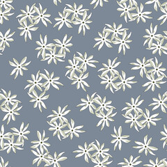 Seamless floral print, randomly arranged groups of white with olive flowers, gray background.