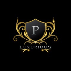 Golden Letter P Luxurious Shield Logo, vector design concept for luxuries business identity