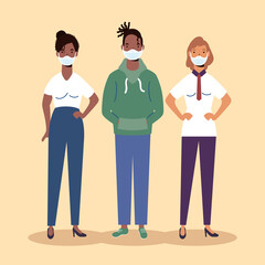 group of diversity people wearing medical masks characters