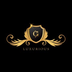 Golden Shield Frame Logo Luxurious vector design concept.
