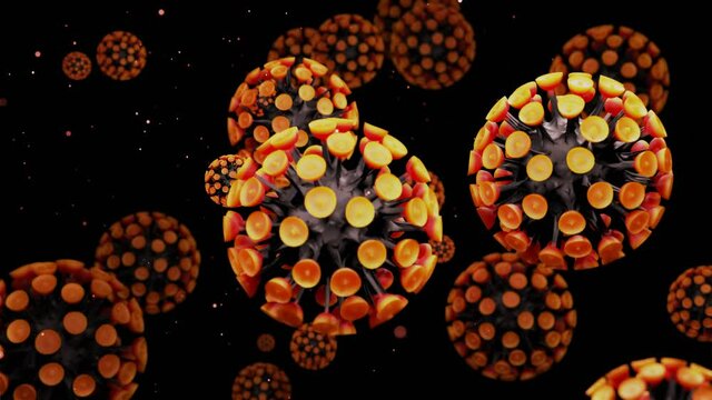 close-up coronavirus type covid-19, h1n1, bird flu or swine flu move smoothly in fluid 3d representation of virus as microbiological microscopic looped background. Black yellow gradient color