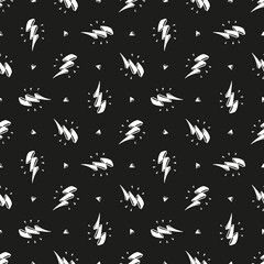 White Lightning Bolt Signs with Triangles Seamless Pattern. Vector Black and White Chalk Background with Doodle Thunderbolts