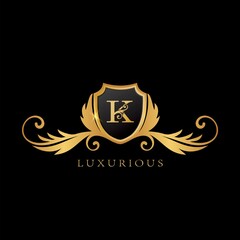 Golden K Logo Luxurious Shield logo design concept.
